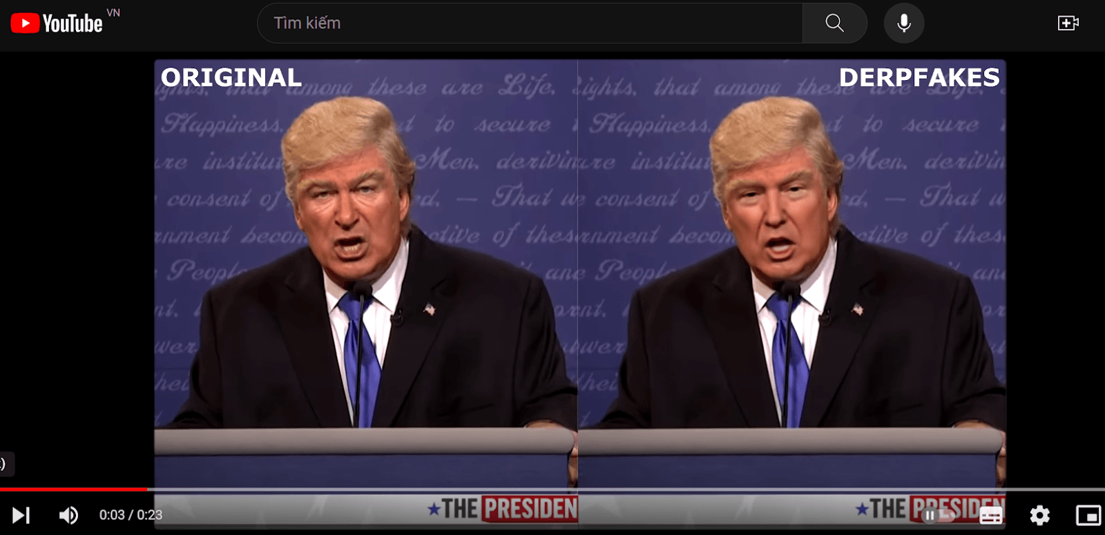Hình ảnh gương mặt cựu tổng thống Hoa Kỳ Donald Trump được AI ghép vào bài phát biểu của nam diễn viên Alec Baldwin