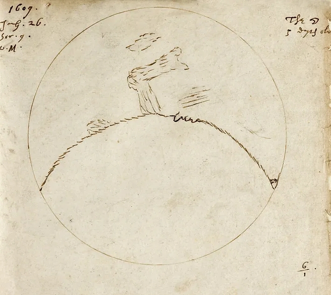 Bản vẽ của Thomas Harriot về Mặt Trăng dựa trên hình ảnh trên kính viễn vọng vào ngày 26/07/1609. Nguồn: Max Alexander, Lord Egremont, Science Source