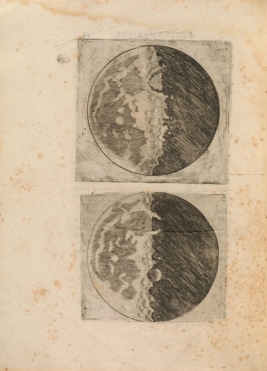 Nguồn: "Two Drawings of Waxing Moon, in Siderius Nuncius (The Starry Messenger)" (1610), Galileo Galilei